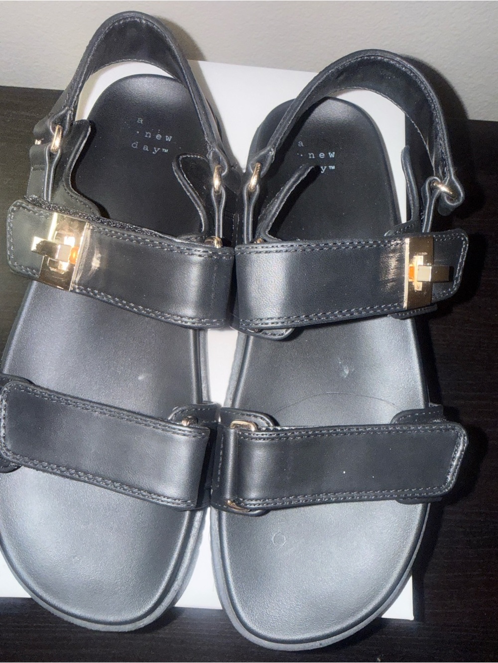 a new day Black Leather Hook-and-Loop Sandals with Gold Accents